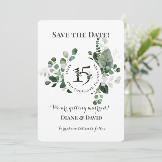 LENTE SCHOONHEID BOTANISCHE GROENE BRUILOFT SAVE THE DATE (Staand voorkant)