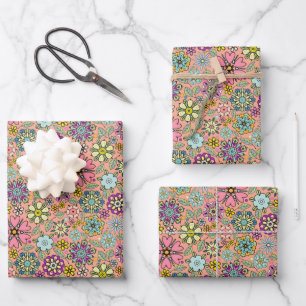 Lente Seizoen Retro Bloem Kleuren Naadloos Patroon Inpakpapier Vel