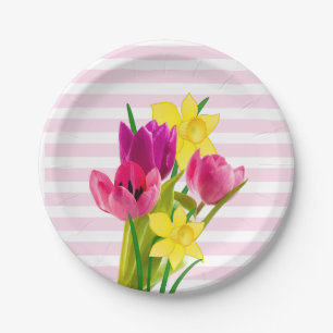 Lente stijl roze tulpen en narcissen vakantie papieren bordje