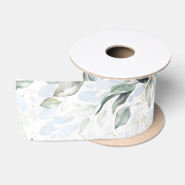 Lente Stof Blauw Groene Gebladerte Elegant Wit Satijnen Lint