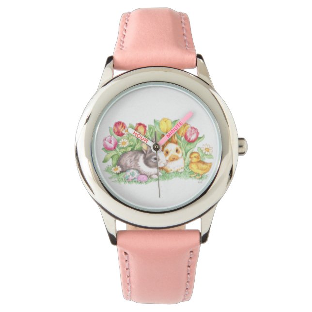 Lente Thema Pasen Bunnies Horloge (Voorkant)
