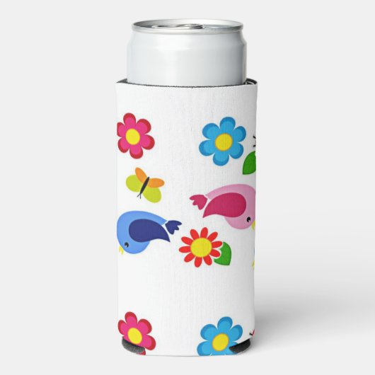 Lente tijd vogels en bloemen patroon wit seltzer blikjeskoeler (Seltzer Achterkant)
