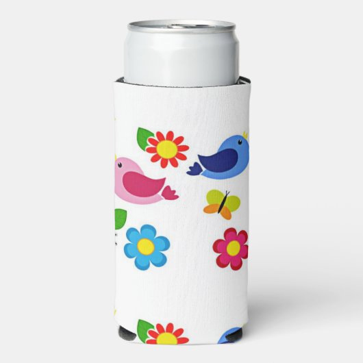 Lente tijd vogels en bloemen patroon wit seltzer blikjeskoeler (Seltzer Voorkant)