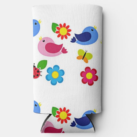 Lente tijd vogels en bloemen patroon wit seltzer blikjeskoeler (Voorkant)