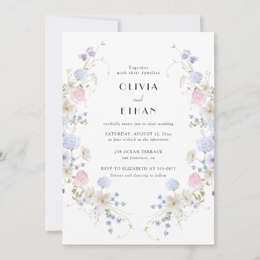 Lente Tuin Roze Paarse Wildbloemen Bruiloft Kaart (Voorkant)
