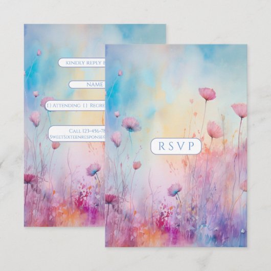 Lente Tuin Sweet Sixteen Blauw Roze Lavendel RSVP Kaartje (Voorkant / Achterkant)