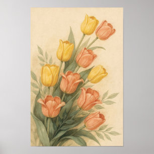 Lente Tuin Tulpen en Koraal Bloemen Poster