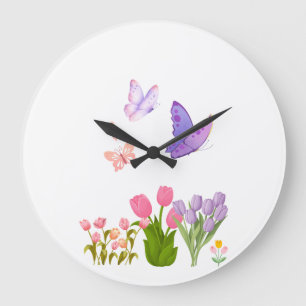 Lente Tuin Vlinder Wandklok – Roze Tulpen &