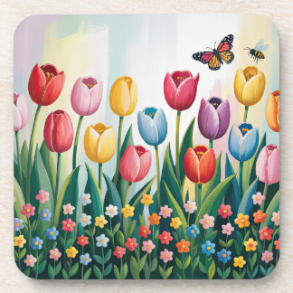 Lente Tulpen en Vlinders | kleurrijke bloem Bier Onderzetter