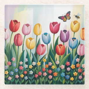 Lente Tulpen en Vlinders kleurrijke bloem Glazen Onderzetter