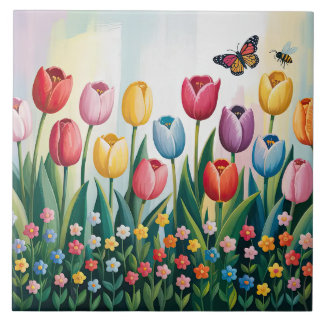 Lente Tulpen en Vlinders | kleurrijke bloem Tegeltje