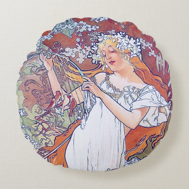 Lente (vier seizoenen), Sierkussen Alphonse Mucha Rond Kussen (Voorkant)
