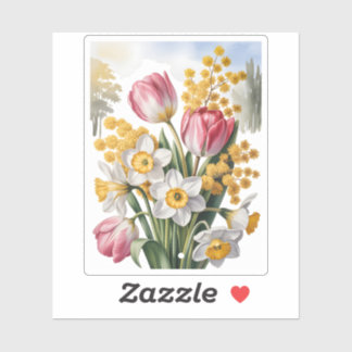 Lente vintage bloemboeket tulpen narcissen sticker