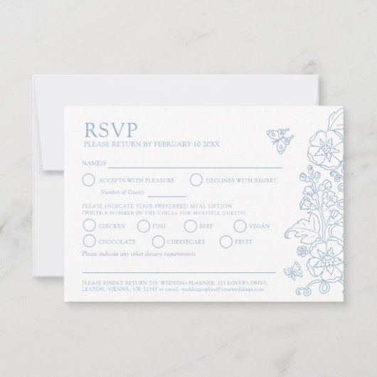 Lente vlinder bruiloft maaltijd optie blauw grijs RSVP kaartje (Achterkant)