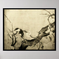 LENTE VOGEL EN BLOEMEN BOOM Bruine Sepia