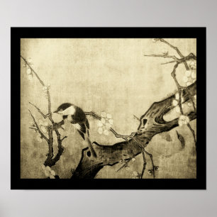 LENTE VOGEL EN BLOEMEN BOOM Bruine Sepia Poster