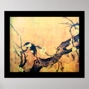 LENTE VOGEL EN BLOEMEN BOOM Geel Bruin Zwart Poster