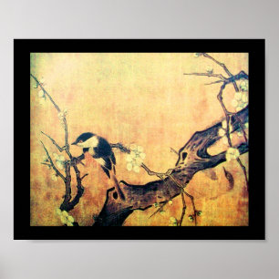 LENTE VOGEL EN BLOEMEN BOOM Geel Bruin Zwart Poster