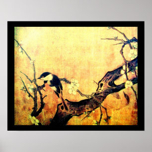 LENTE VOGEL EN BLOEMEN BOOM Geel Bruin Zwart Poster