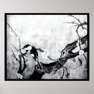 LENTE VOGEL EN BLOEMEN BOOM Zwart Wit Grijs Poster