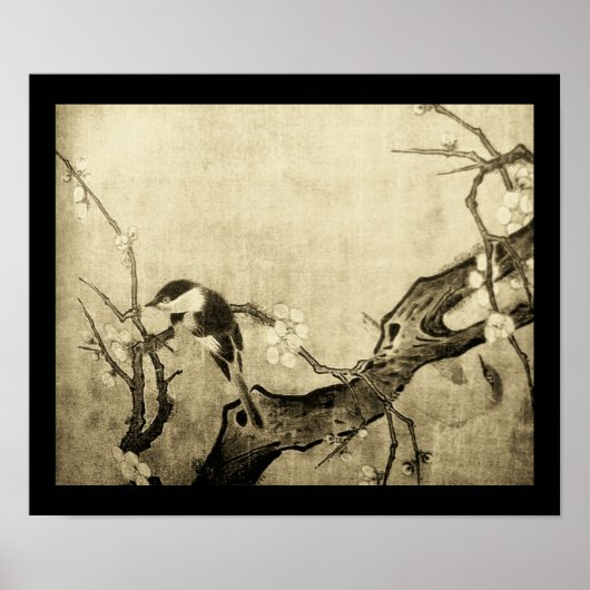 LENTE VOGEL EN BLOEMENBOOM Bruine Sepia Poster (Voorkant)