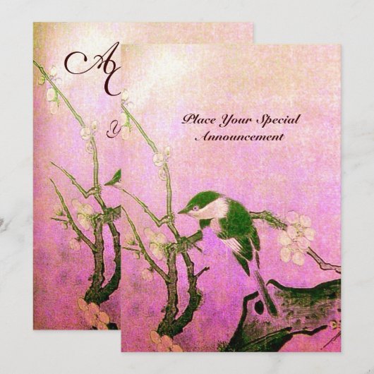 LENTE VOGEL MONOGRAM roze fuchsia wit bruin Kaart (Voorkant / Achterkant)