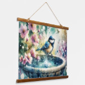 Lente Vogelbad Aquarel Hangend Wandkleed (Gebogen)