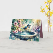 Lente Vogelbad Aquarel Kaart (Gele Bloem)