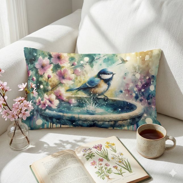 Lente Vogelbad Aquarel Kussen (Spring Bird Bath Watercolor Lumbar Pillow Mockup A)
