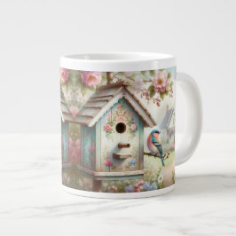 Lente Vogelnesthuis Met Pastelkleurige Bloemen En  Grote Koffiekop