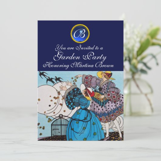 LENTE VOGELS TUIN FEESTJE ,SAPPHIRE GEM MONOGRAM KAART (Staand voorkant)