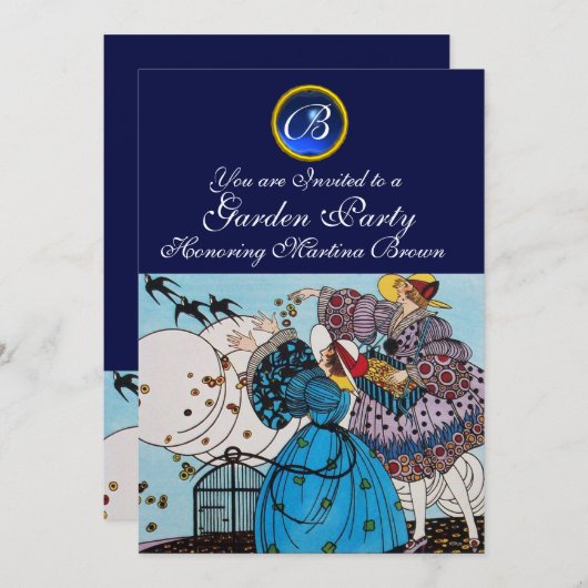 LENTE VOGELS TUIN FEESTJE ,SAPPHIRE GEM MONOGRAM KAART (Voorkant / Achterkant)