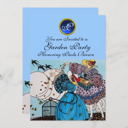 LENTE VOGELS TUIN FEESTJE ,SAPPHIRE GEM MONOGRAM KAART (Voorkant / Achterkant)