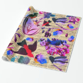 LENTE VOGELS, VEREN, VRUCHTEN Roze Blauwe Muziekno Cadeaupapier (Uitgerold)