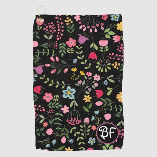 Lente voor Wildbloemen Zwart Bloemen Gepersonalise Golfhanddoek (Voorkant)