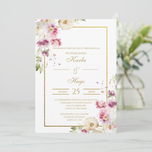 Lente water gekleurde bloemen Spaans Bruiloft Kaart (Staand voorkant)