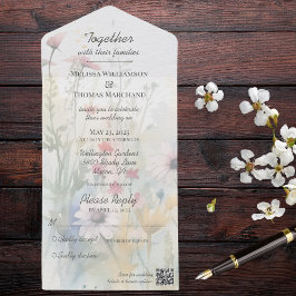 Lente Watercolor Wilde Bloemen met QR-code  All In One Uitnodiging