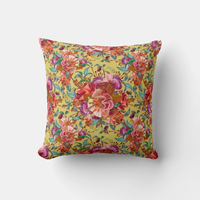  lente Waterverf Fuchsia bloeit Kussen (Voorkant)