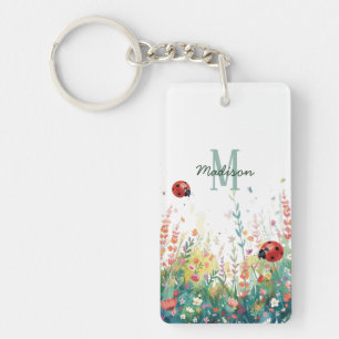 Lente Waterverf lieveheersbeestje Bloemige Monogra Sleutelhanger