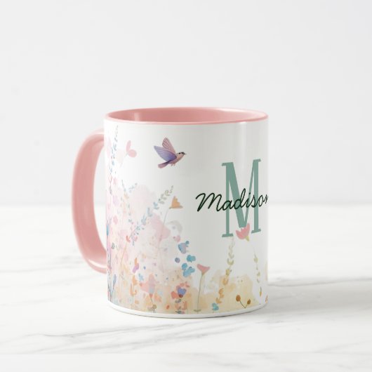 Lente Waterverf Vogels Bloem Monogram Wilde Bloem Mok (Voorkant links)