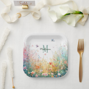 Lente Waterverf Vogels Bloem Monogram Wilde Bloem Papieren Bordje