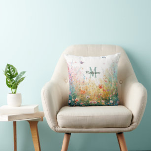Lente Waterverf Vogels Bloemenkroon Monogram Wilde Kussen