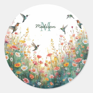 Lente Waterverf Vogels Bloemenkroon Monogram Wilde Ronde Sticker
