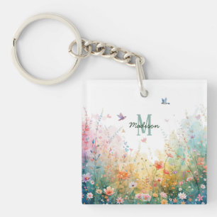 Lente Waterverf Vogels Bloemenkroon Monogram Wilde Sleutelhanger