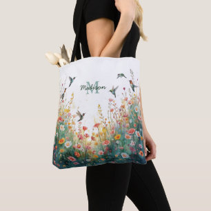 Lente Waterverf Vogels Bloemige Monogram Wilde Blo Tote Bag