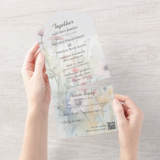 Lente Waterverf Wildbloemen met QR Code All In One Uitnodiging (Afscheurbaar)
