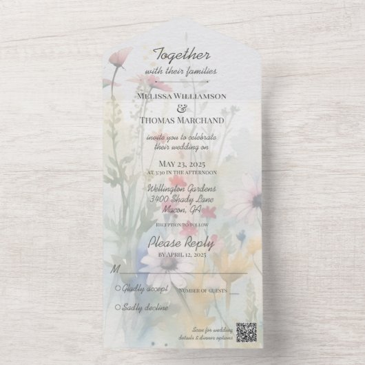 Lente Waterverf Wildbloemen met QR Code All In One Uitnodiging (Binnen)
