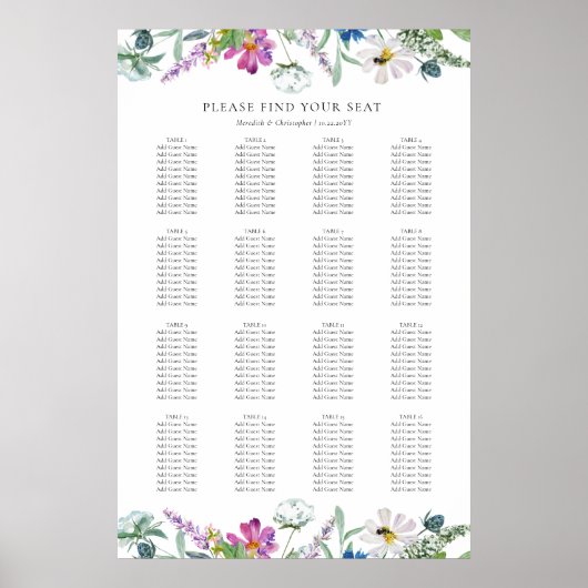 Lente Wildbloemen 16 Tafel Bruiloft Zitkaarten Poster (Voorkant)