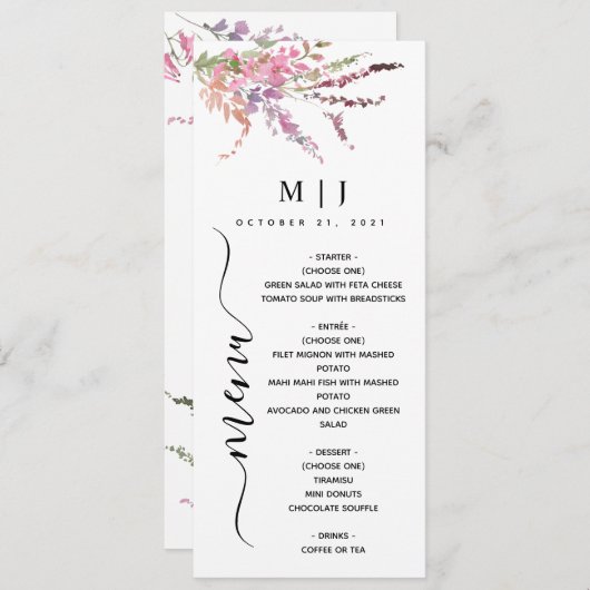 Lente wilde bloemen bruiloft menu (Voorkant / Achterkant)