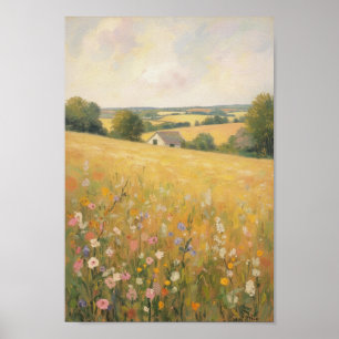 Lente Wildernis Bloemen Veld Oude Boerderij Kunst Poster